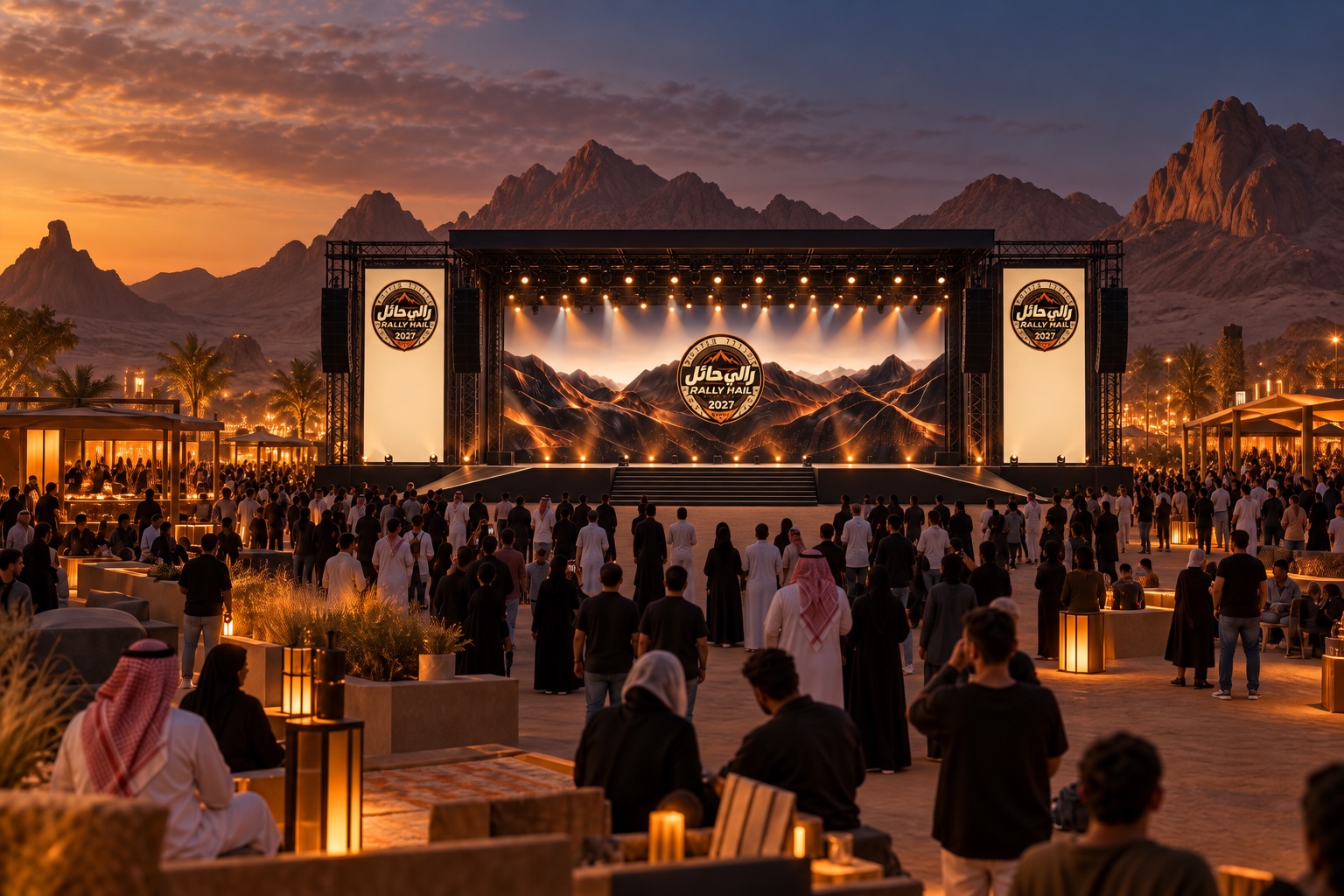 The Stage Square with a rectangular truss stage, Rally Ha’il backdrop and concert audience